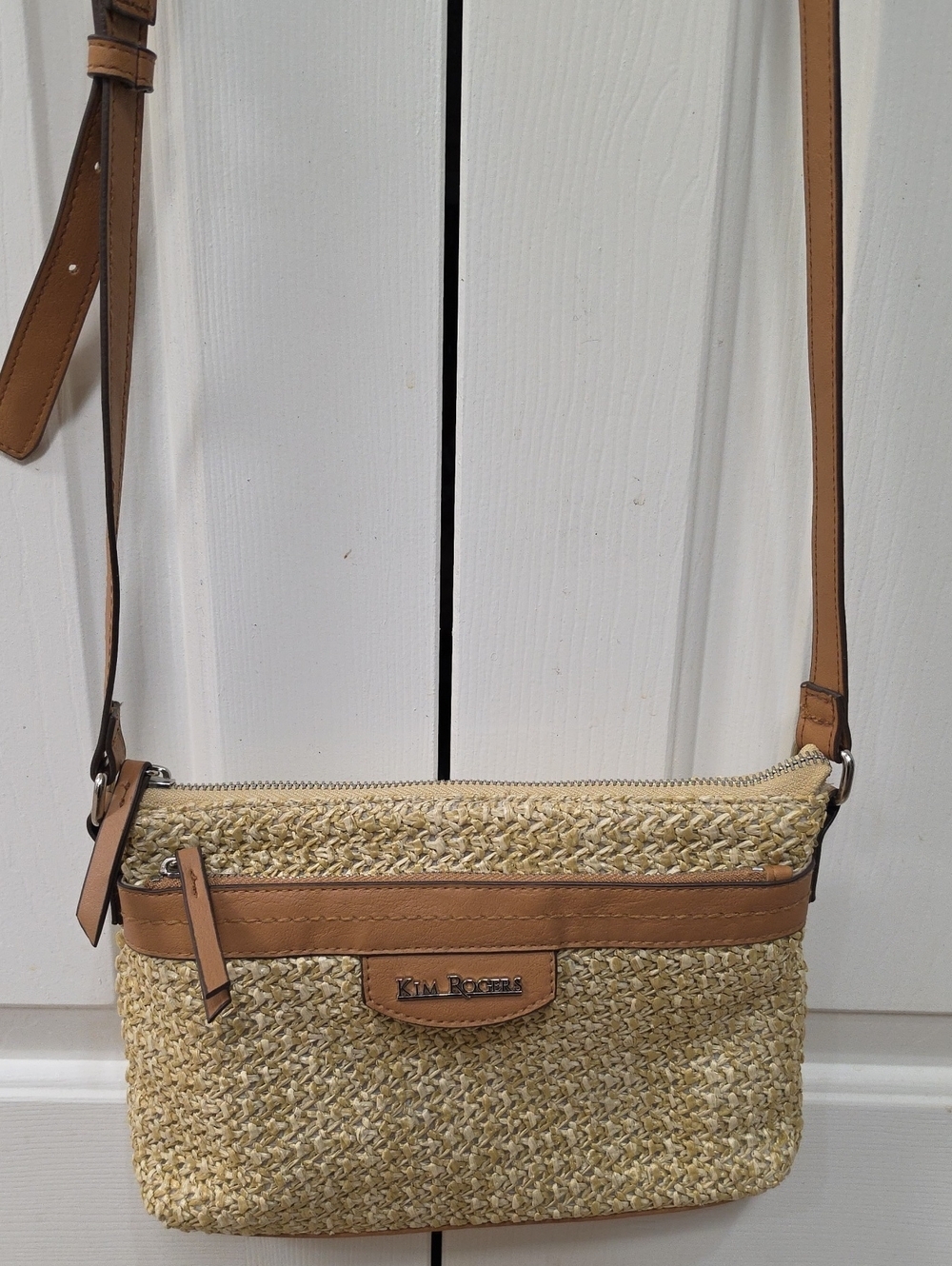 Kim Rogers Natural Straw Woven Crossbody Bag with Tan Faux Leather Trim